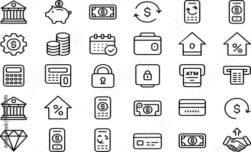 Finance and Banking Icons Set – Money, Payments, and Investment Concepts
