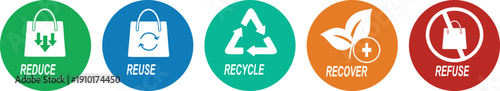 Reduce Reuse Recycle Recover Refuse Icon Set, Sustainability and Environmental Protection Concept Labels, Eco Friendly Waste Management Vector Signs for Green Branding