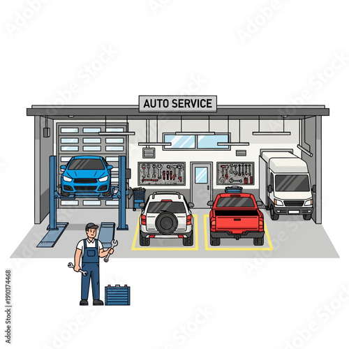 Automobile Repair Shop with Mechanic, Lifted Car, SUV, Truck, and Van