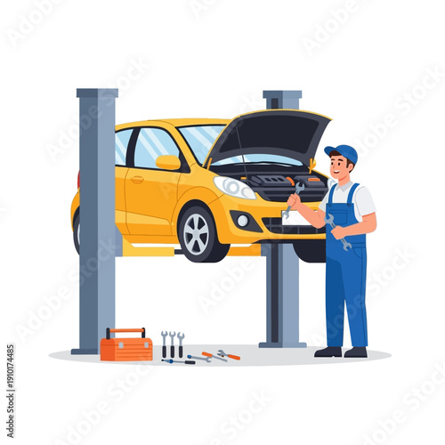 Mechanic working on yellow car lifted on hydraulic hoist, auto repair shop, tools