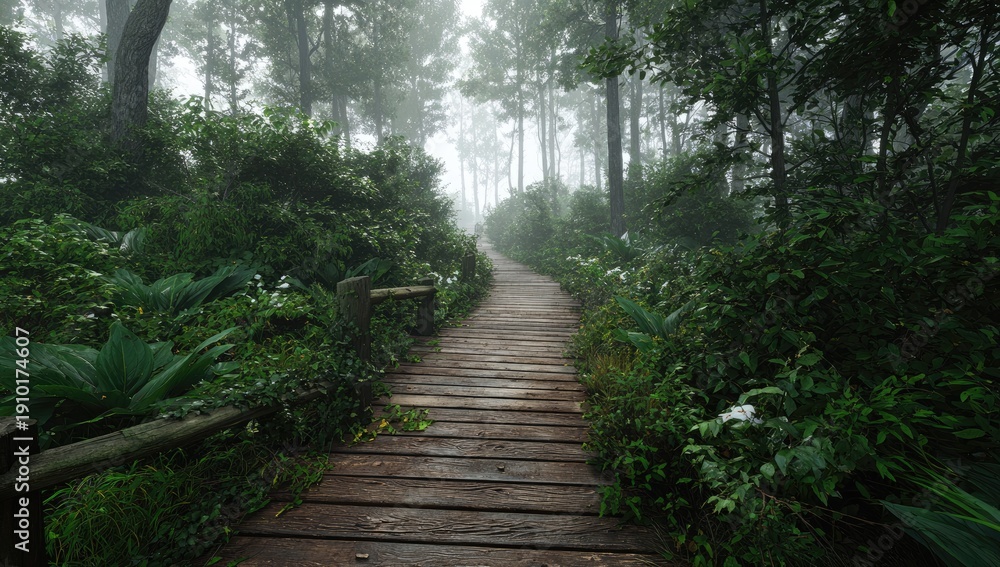 Fototapeta premium Misty forest path curves through lush greenery