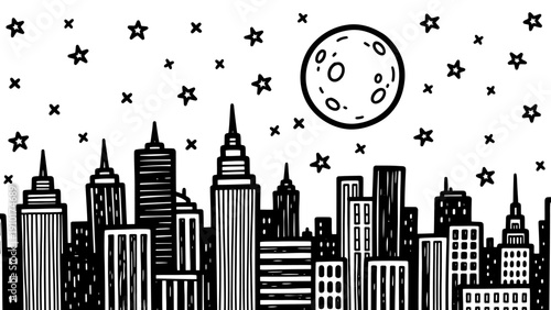 Black and White City Skyline Illustration.
