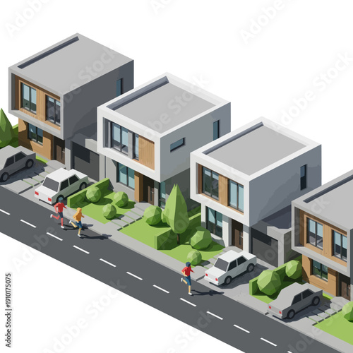 Modern Houses with Cars and People.