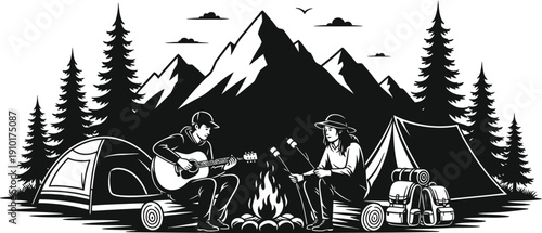 Serene mountain village with pine trees and snow capped peaks