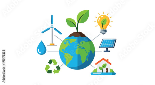 Sustainable energy sources and environmental conservation depicted with global imagery