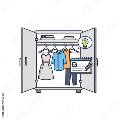 Open wardrobe with clothes, checklist and idea bubble
