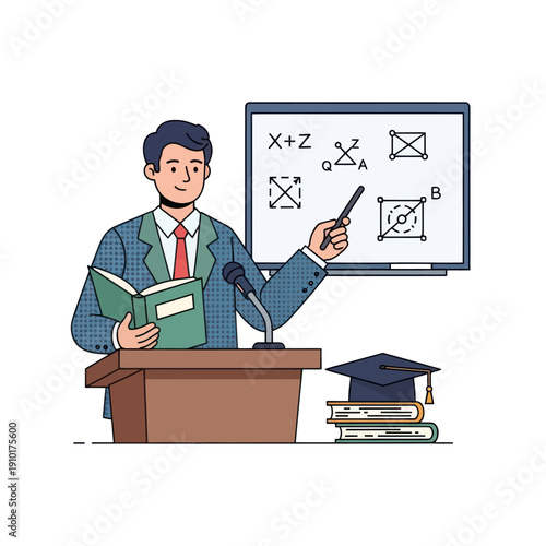 Professor teaching mathematics from podium with whiteboard