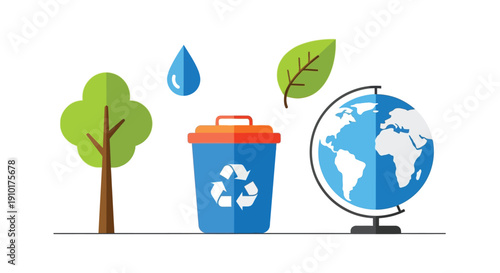 Environmental conservation icons trees water recycling and a globe