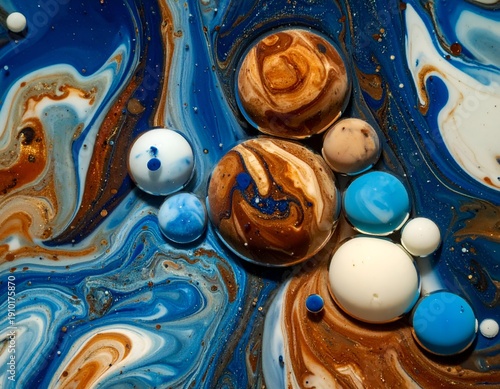 Swirling cosmic blues, browns, and whites, with orb-like forms
