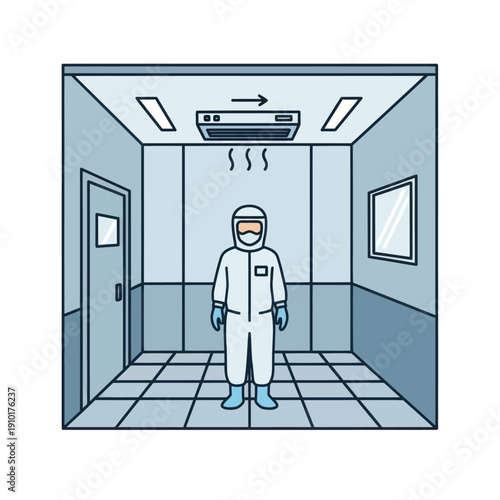 Worker in full hazmat suit in clean room environment