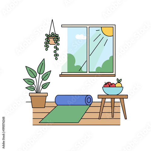Yoga mat, plants, fruit bowl by sunny window at home