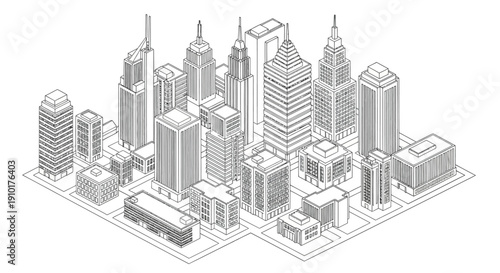 Isometric illustration of a dense modern cityscape with numerous skyscrapers