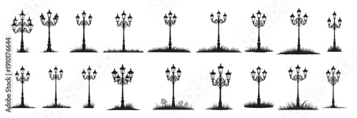 Ornate street lamps with grass silhouettes lamppost