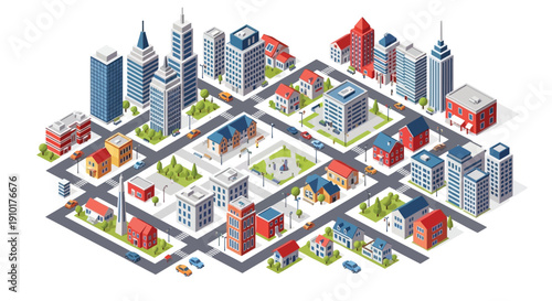 Isometric illustration of a colorful bustling city landscape with various buildings