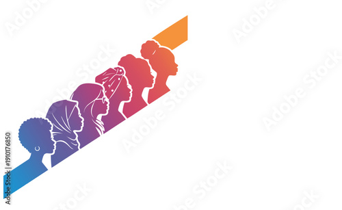 Silhouettes of multiethnic women in profile with colorful gradient upward on Transparent background (EPS file)