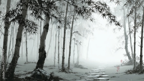 Ethereal misty bamboo forest with stone path leading to bright light