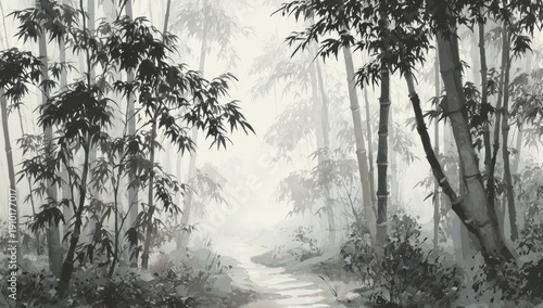 Misty bamboo forest pathway, rendered in monochromatic ink wash style