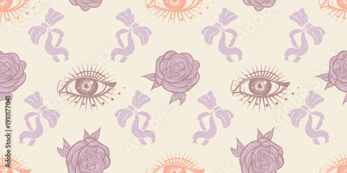 Seamless coquette pattern with mystic eye, roses and bows, hand-drawn occult spiritual background in pastel lilac colors