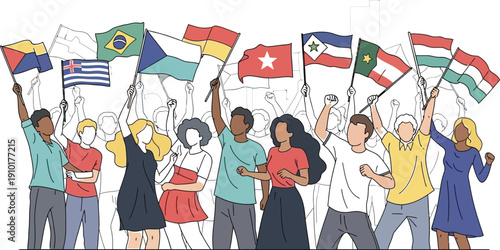 Diverse group of enthusiastic international people raise various national flags high above their heads during a vibrant celebration or political demonstration event