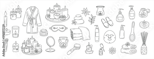 Spa, relax, candle doodle set. Makeup, beauty care outline icons. Natural cosmetic, spa and self care concept.