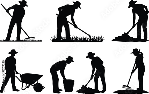 Farmer and Gardener Silhouette Vector Set with Agricultural Tools