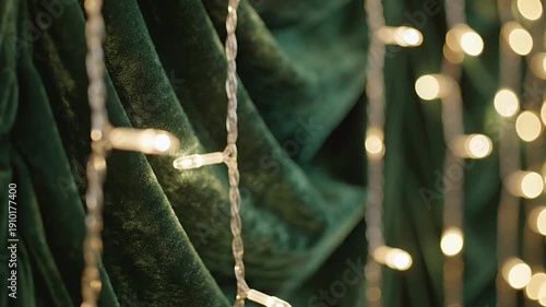 Bright glowing LED string lights illuminate a luxurious dark green velvet