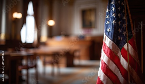 American flag draped in a courtroom with blurred judicial furniture