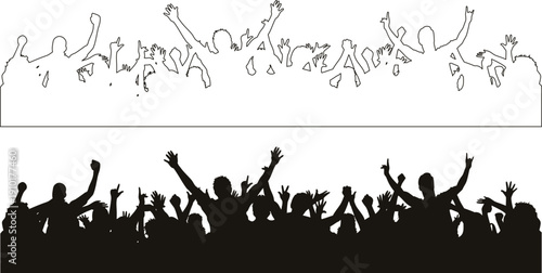 Cheering crowd silhouette set with raised hands in outline and solid styles. Excited people shapes for concerts, festivals, or celebration designs. Energetic audience crowd collection isolated.