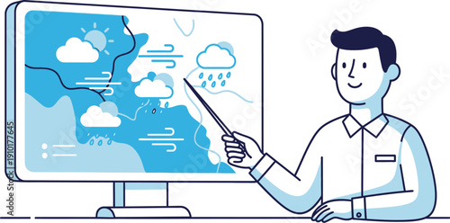 Friendly meteorologist using a pointer stick to present the dynamic weather forecast details displayed clearly on a large computer monitor during a broadcast segment