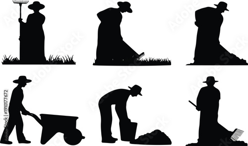 Farmer and Gardener Silhouette Vector Set with Agricultural Tools