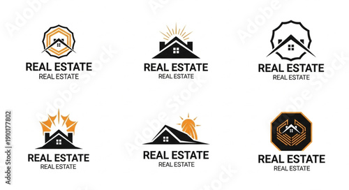 Collection of real estate logos with houses and sun symbols.