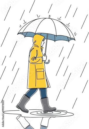 Person wearing bright yellow raincoat and rubber boots walks carefully through a rain puddle while holding an umbrella protection against the downpour