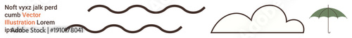 Weather patterns, climate change, forecasting, nature, environmental science, and precipitation. Wavy lines, cloud outline and open umbrella design. Weather patterns and climate change concept