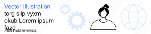 Technology, communication, global network, digital resources, teamwork, business strategy. Minimal female avatar with gear icons and globe outline. Technology and communication concept