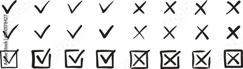 Check mark and cross icon set with hand drawn tick and X symbols. Approval and rejection signs for forms, surveys, or user interface design. Minimal validation collection isolated.