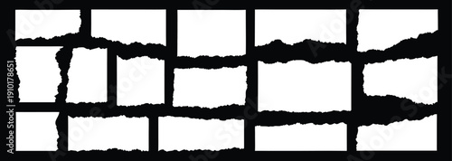 Torn paper strip set with rough ripped edges in horizontal layouts. Grunge white paper fragments for collage, posters, or scrapbook design. Distressed tear elements collection isolated.