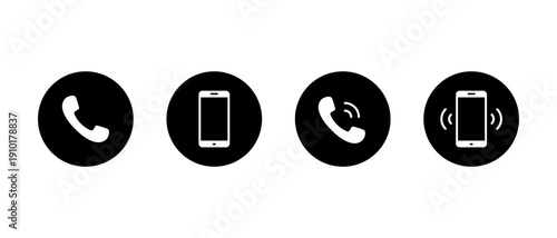 Phone handset and smartphone icon in black circle. Incoming call and cellphone symbol