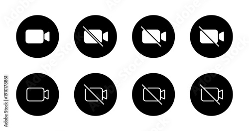 Enable and disable video camera icon in black circle. Webcam active and mute symbol. Online meeting control symbol
