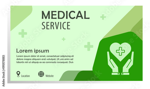 A modern green medical services banner template featuring a health protection concept with hands holding a heart and a medical cross symbol. A clean, professional layout, suitable for hospitals, atc
