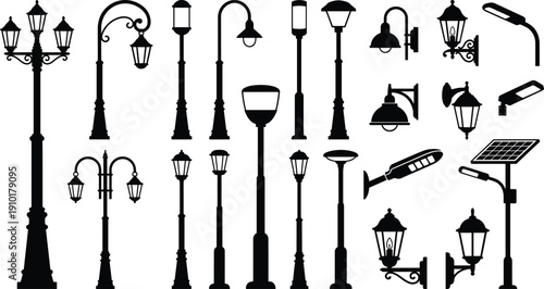 Vintage and modern street lamp silhouettes collection, featuring Victorian lanterns, antique lamp posts, outdoor garden lighting, and urban fixtures