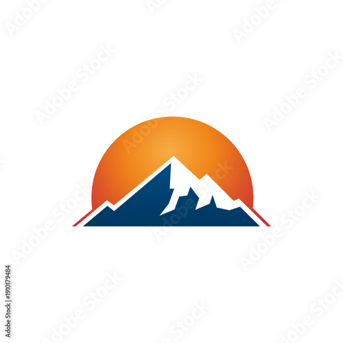 Sunset above mountains peak silhouette. Vintage styled mountain logo or sticker or poster template. Vector illustration