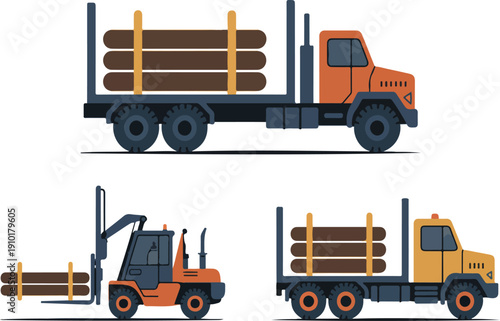 Logging and Timber Transport Vector Set – Forestry Machinery and Trucks