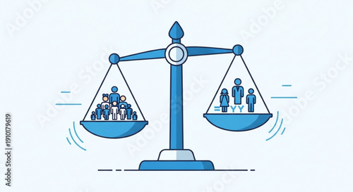 Balancing scales with groups of people on each side symbolizing equality and fairness in a simple blue color scheme