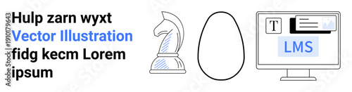 Business planning, education, strategy, learning management system, design, abstract elements. Chess knight, egg shape and text on a computer screen. Strategy and education visualization concepts