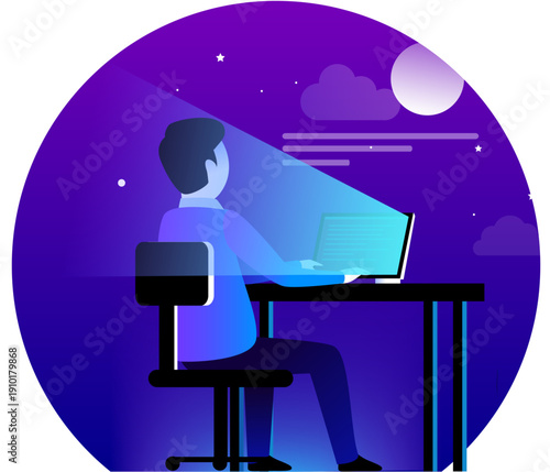 Man working on laptop late at night under moonlight illustration