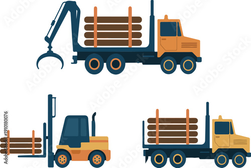 Logging and Timber Transport Vector Set – Forestry Machinery and Trucks