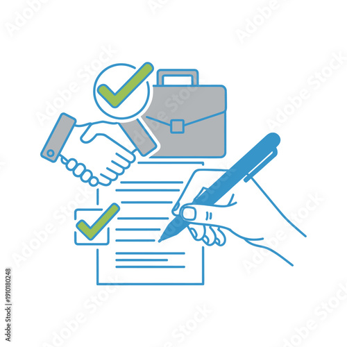 Business agreement handshake and contract signing illustration.