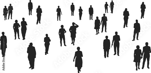 Business people silhouettes crowd set with men and women standing in different poses, corporate office workers isolated on white background, human figure illustration collection.