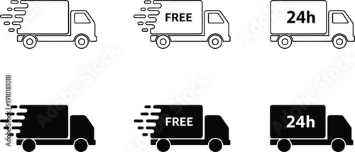 Set of vector silhouette delivery truck design icons bundle with free 24h shipping symbols