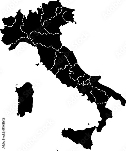 Italy map with regions outlined in white on black background geographic illustration